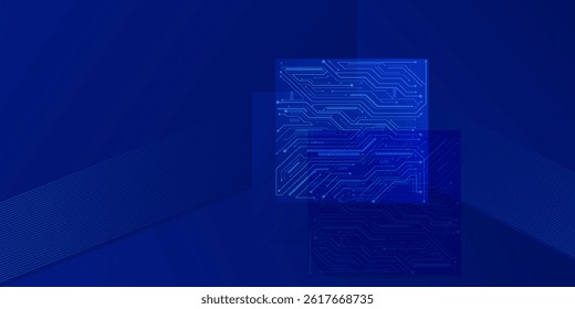 Abstract AI circuit board background. Technology connecting blue lines with electronic elements on technology background. Computer motherboard with chips, processors and semiconductors. 