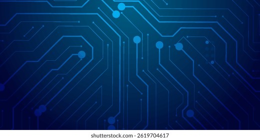 Abstract AI circuit board background. Technology connected blue lines with electronics elements on tech bg. Computer motherboard with a chip, processor, and semiconductor. Digital vector illustration