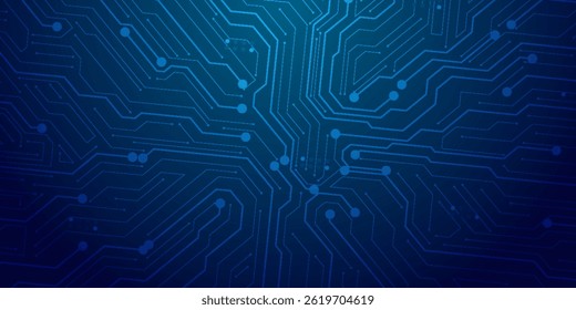 Abstract AI circuit board background. Technology connected blue lines with electronics elements on tech bg. Computer motherboard with a chip, processor, and semiconductor. Digital vector illustration