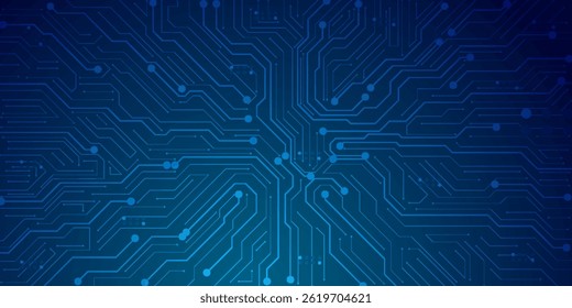 Fondo Abstractas de la placa de circuito de la IA. Tecnología conectó líneas azules con Elementos electrónicos en Tech BG. Placa madre de computadora con un chip, procesador y semiconductor. Ilustración vectorial digital