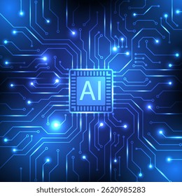 Fundo abstrato da placa de circuito AI. Design para sistemas futuristas de inteligência artificial eletrônica e de inovação cibernética.