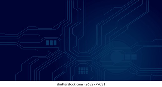 Abstract AI circuit board background. Technology connected blue lines with electronics elements on tech bg. Computer motherboard with a chip, processor, and semiconductor. Digital vector illustration