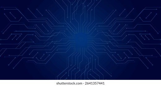 Abstract AI circuit board background. Technology connected blue lines with electronics elements on tech bg. Computer motherboard with a chip, processor, and semiconductor. Digital vector illustration