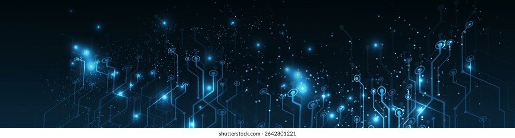 Abstract AI circuit board background. Technology connected blue lines with electronics elements on tech bg. Computer motherboard with a chip,