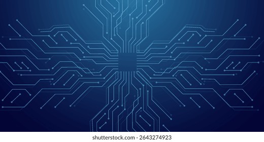 Fundo abstrato da placa de circuito AI. Tecnologia conectada linhas azuis com elementos eletrônicos em tecnologia bg. Placa-mãe com chip, processador e semicondutor. Ilustração de vetor digital