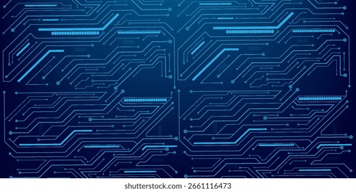 Fondo Abstractas de la placa de circuito de la IA. Tecnología conectó líneas azules con Elementos electrónicos en Tech BG. Placa madre de computadora con un chip, procesador y semiconductor.