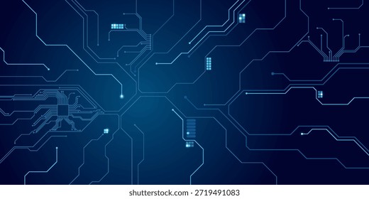 Fondo Abstractas de la placa de circuito de la IA. Tecnología conectó líneas azules con Elementos electrónicos en Tech BG. Placa madre de computadora con un chip, procesador y semiconductor. Ilustración vectorial digital
