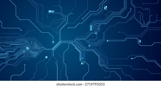 Fondo Abstractas de la placa de circuito de la IA. Tecnología conectó líneas azules con Elementos electrónicos en Tech BG. Placa madre de computadora con un chip, procesador y semiconductor. Ilustración vectorial digital