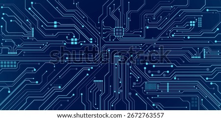 Abstract AI circuit board background. Technology connected blue lines with electronics elements on tech bg. Computer motherboard with a chip, processor, and semiconductor. Digital vector illustration