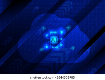 Concepto de fondo Abstractas de crecimiento de la tecnología en la nube de IA. Icono de chip de IA que brilla dentro de la forma de la infraestructura de computación en la nube, servicio de almacenamiento del sistema de datos en la red digital de la red tecnológica, Vector de tono azul.