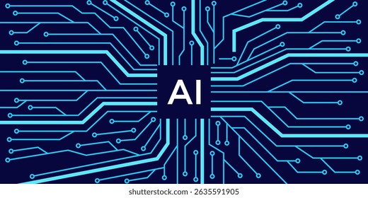 Abstract AI concept. Blue circuit board pattern with connecting lines and nodes, central AI text. Represents technology, innovation, and artificial intelligence.