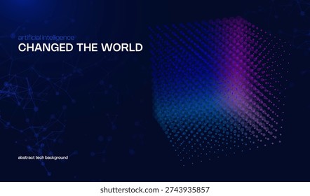 Abstract ai cyber background with 3d cube from dots and circles. Big data digital science and technology design and tech blockchain blue business concept backdrop. Computer network connection pattern.