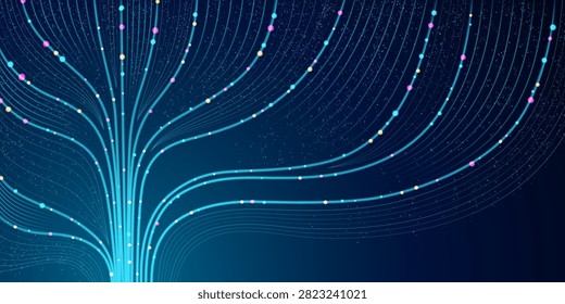 Abstract ai data flow vector background. Neon glowing blue stream, neural networks algorithm, big data analysis model and digital technology concepts with dynamic line patterns and connected particles