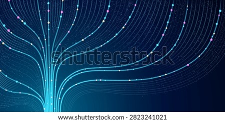 Abstract ai data flow vector background. Neon glowing blue stream, neural networks algorithm, big data analysis model and digital technology concepts with dynamic line patterns and connected particles