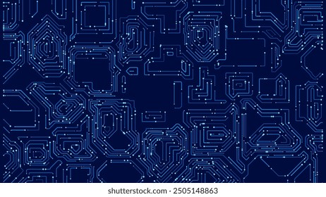 Abstract AI Digital Circuit Board Tech Background. Technology Connected Blue Lines Electronics Elements BG. Computer Motherboard Processor Chip. Neural Network Concept. Vector Illustration.