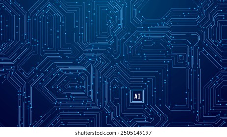 Fondo Abstractas de la tecnología del Tablero del circuito digital de la IA. Tecnología Conectada Blue Lines Electronics Elementos BG. Chip de procesador de placa base de computadora. Concepto de red neuronal. Ilustración vectorial.