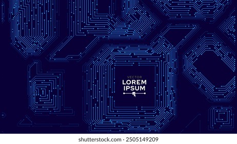 Abstract AI Digital Circuit Board Tech Background. Technology Connected Blue Lines Electronics Elements BG. Computer Motherboard Processor Chip. Neural Network Concept. Vector Illustration.