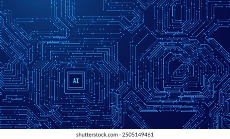 Abstract AI Digital Circuit Board Tech Background. Technology Connected Blue Lines Electronics Elements BG. Computer Motherboard Processor Chip. Neural Network Concept. Vector Illustration.
