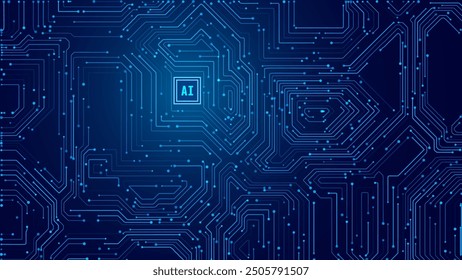 Fondo Abstractas de la tecnología del Tablero del circuito digital de la IA. Tecnología Conectada Blue Lines Electronics Elementos BG. Chip de procesador de placa base de computadora. Concepto de red neuronal. Ilustración vectorial.