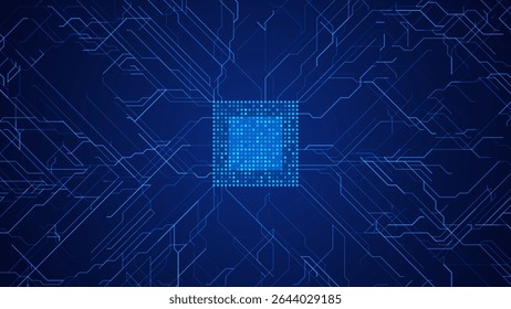 Abstract AI Digital Circuit Board Tech Background. Technology Connected Blue Lines Electronics Elements BG. Computer Motherboard Processor Chip. Neural Network Concept. Vector Illustration.