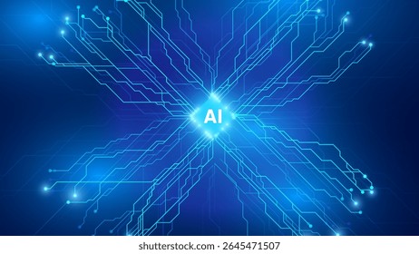 Fondo Abstractas de la tecnología del Tablero del circuito digital de la IA. Tecnología Conectada Blue Lines Electronics Elementos BG. Chip de procesador de placa base de computadora. Concepto de red neuronal. Ilustración vectorial.