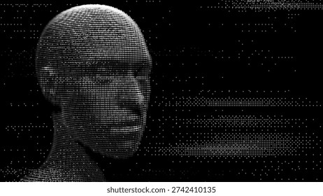 Abstract AI Face Constructed from 3D Wireframe Dots on Dark Digital Background. Futuristic Face Recognition and Machine Intelligence Concept for Technology Vector Presentation.