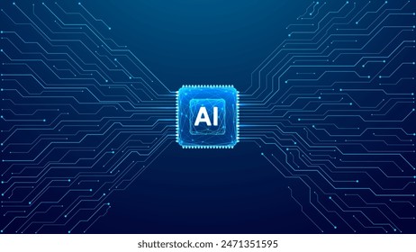 Abstract AI polygonal chip with circuit elements on dark blue technology bg. A circuit board and light blue semiconductor. AI microchip on tech bg with place for text. Digital vector illustration. 