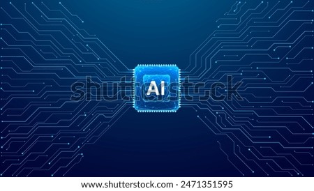 Abstract AI polygonal chip with circuit elements on dark blue technology bg. A circuit board and light blue semiconductor. AI microchip on tech bg with place for text. Digital vector illustration. 