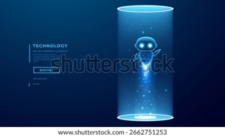 Abstract AI robot takes off bright light portal. Digital cute chatbot character. AI Agent hologram bg. Tech innovation concept. Blue futuristic technology background. Vector illustration.