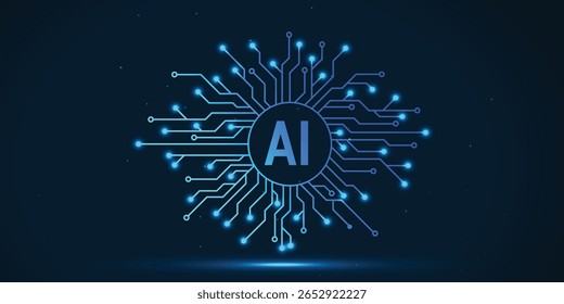 Tecnologia AI abstrata: Design de placa de circuito futurista, azul brilhante, fundo escuro