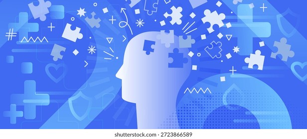 Abstract AI and thinking blue background with human head profile silhouette, flying puzzle pieces, plus symbols, geometric shapes. Concept of artificial intelligence, creativity, analysis, innovation