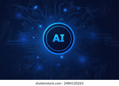 Abstract AI vector background: a central circle with sparkling neural networks extending from it, representing a digital motherboard chip in a technology theme.