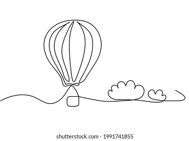 Abstract air balloon with clouds as line drawing on white background. Vector