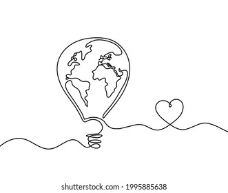 Abstract air balloon with map of Earth hearts as line drawing on white background. Vector