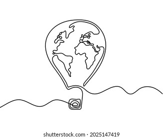 Resumen de globo de aire con mapa de la Tierra como plano de línea sobre fondo blanco. Vector