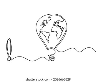Abstract air balloon with map of Earth and exclamation mark as line drawing on white background. Vector