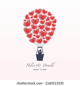 Abstract air balloon silhouette with heart shape fingerprints and lovely couple. Wedding invitation or love poster