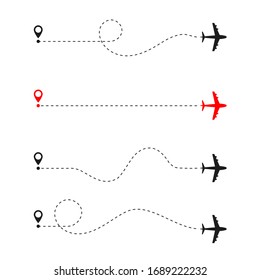 Abstract air flight routes icon set. Start check in, plane silhouette, dash path line, destination point. Vector illustration for news, web article, newspaper infographic, magazine. Travel by airplane