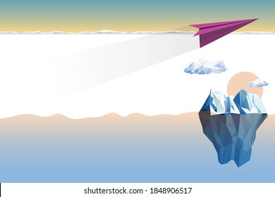 Abstract air plane paper go to success above iceberg with sky cloud sunrise background, torn paper , can use for template ,insert text to space, vector art illustration.