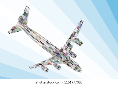 Abstract airliner constructed with color rectangles. Outline wireframe concept. Travel, tourism, transport. Airplane vector illustration.