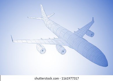 Abstract airliner constructed with  lines. Outline wireframe concept. Travel, tourism, transport. Airplane vector illustration.