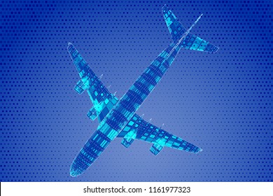 Abstract airliner constructed with  rectangles. Outline wireframe concept. Travel, tourism, transport. Airplane vector illustration.