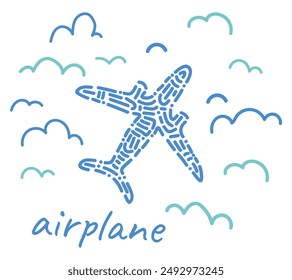 Abstraktes Flugzeug fliegt am wolkenverhangenen Himmel. Blau und hellblaue Farben. Schnelles Passagierflugzeug. Reisen mit dem Transport. Abstrakte Vektorgrafik.