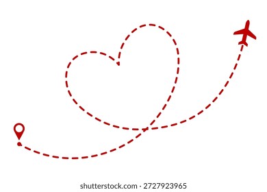 Abstrakte Flugbahn eines Flugzeugs, die ein lineares Muster in Form eines Herzens bildet. Das Beste für Valentinstag oder Liebesreisen, Luftfahrt und Navigationsdesign. PNG und Vektorgrafik.