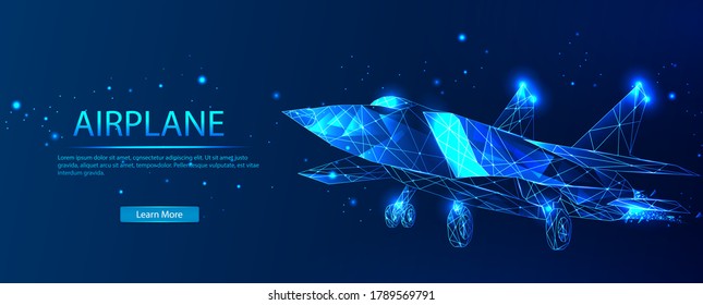 Abstract  airplane on a blue space background. Abstract polygonal frame with stars. The concept of flight, freedom, aviation. tourism and travel.