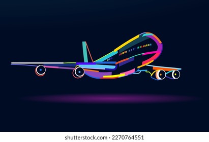 Abstract airplane, passenger plane, commercial aircraft from multicolored paints. Colored drawing. Vector illustration of paints