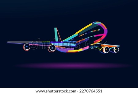 Abstract airplane, passenger plane, commercial aircraft from multicolored paints. Colored drawing. Vector illustration of paints