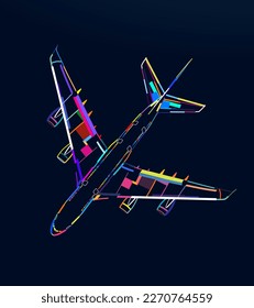 Abstract airplane, passenger plane top view, commercial aircraft from multicolored paints. Colored drawing. Vector illustration of paints