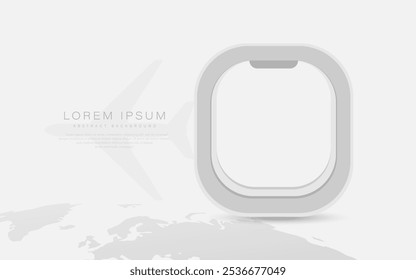 Abstract airplane window view with a faint world map and plane silhouette, ideal for travel themes