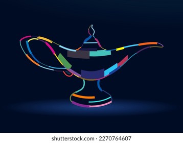 Abstract Aladdin magic lamp, wish lamp from multicolored paints. Colored drawing. Vector illustration of paints
